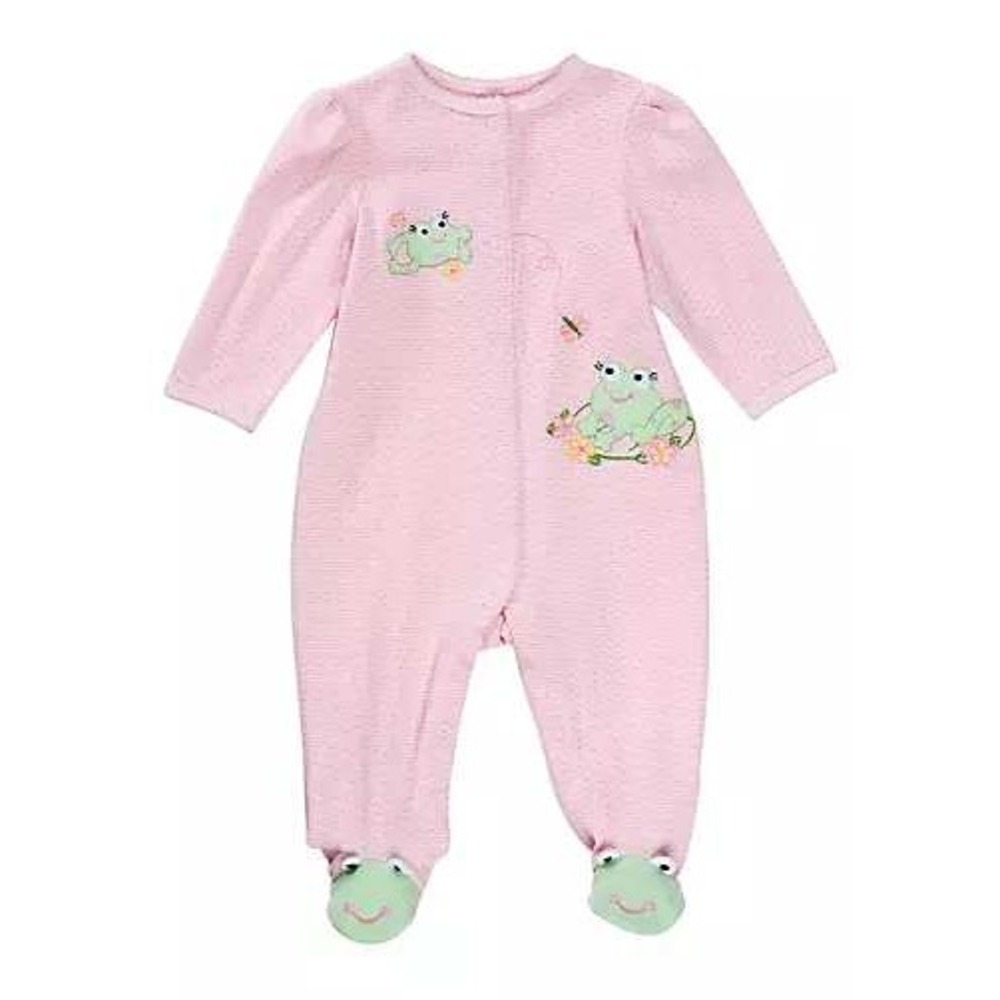 Little Me Frog Stretchie Jumpsuit Girls 3M Pink Footed Sleeper Frogcore Cottage